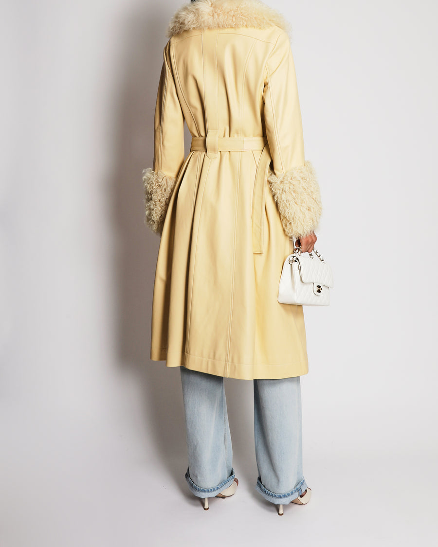 Saks Potts Butter Yellow Maxi Coat In Lambskin Leather and Foxy Shearling Size 3 (UK 12)