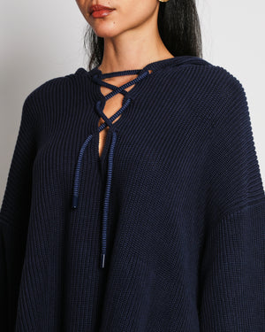 Loro Piana Navy Lace-Up Cotton Knit Hoodie Size S (UK 8)
