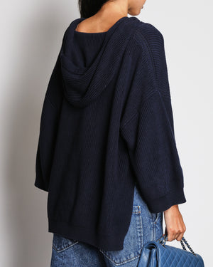 Loro Piana Navy Lace-Up Cotton Knit Hoodie Size S (UK 8)