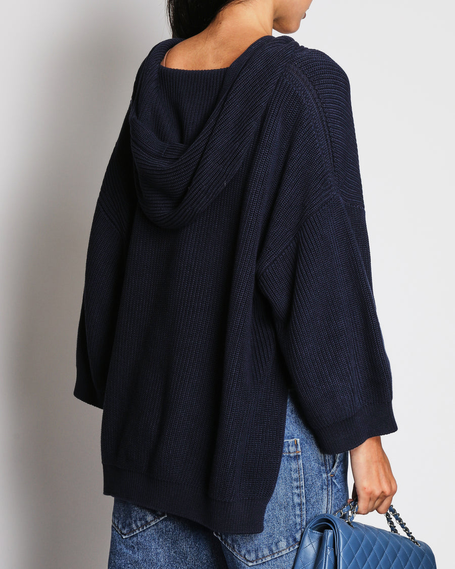 Loro Piana Navy Lace-Up Cotton Knit Hoodie Size S (UK 8)