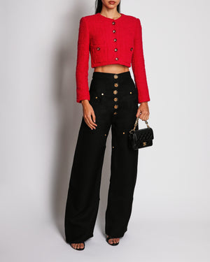 Chanel 21K Pink Cropped Button Down Tweed Jacket CC Logo Buttons Details Size FR 34 (UK 6)
