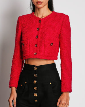 Chanel 21K Pink Cropped Button Down Tweed Jacket CC Logo Buttons Details Size FR 34 (UK 6)
