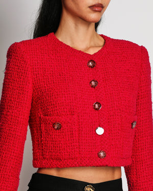 Chanel 21K Pink Cropped Button Down Tweed Jacket CC Logo Buttons Details Size FR 34 (UK 6)