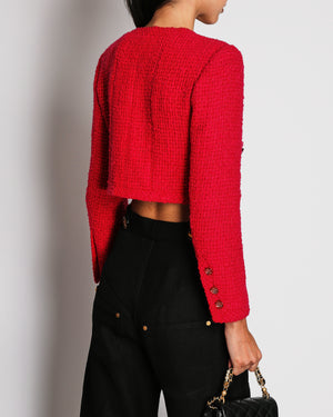 Chanel 21K Pink Cropped Button Down Tweed Jacket CC Logo Buttons Details Size FR 34 (UK 6)