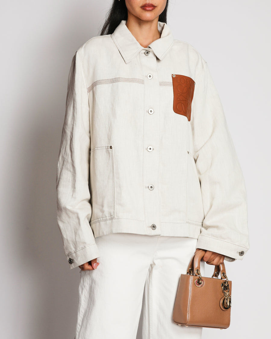 Loewe Cream Linen Jacket With Leather Anagram Patch Pocket Size FR 46 (UK 18)