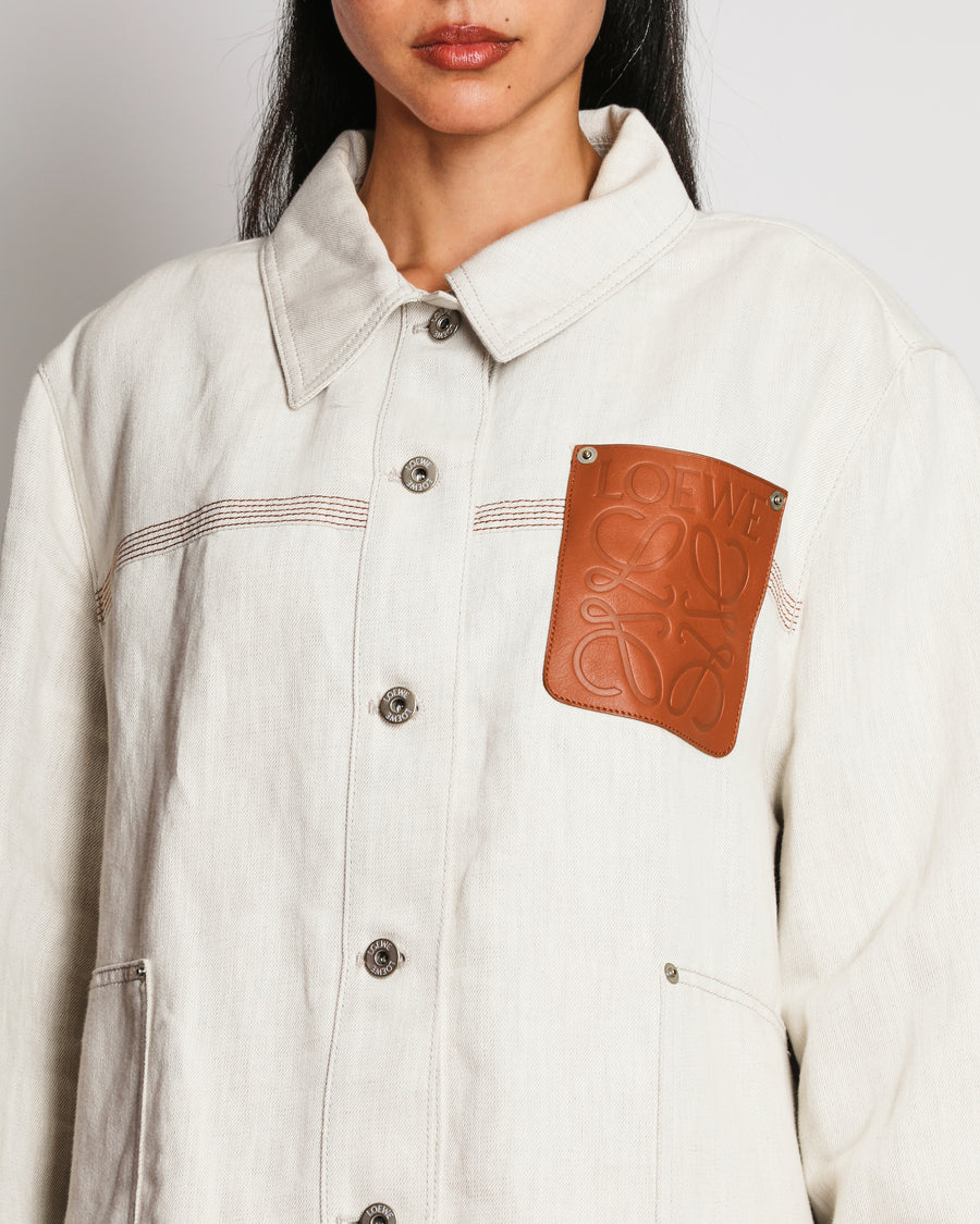 Loewe Cream Linen Jacket With Leather Anagram Patch Pocket Size FR 46 (UK 18)