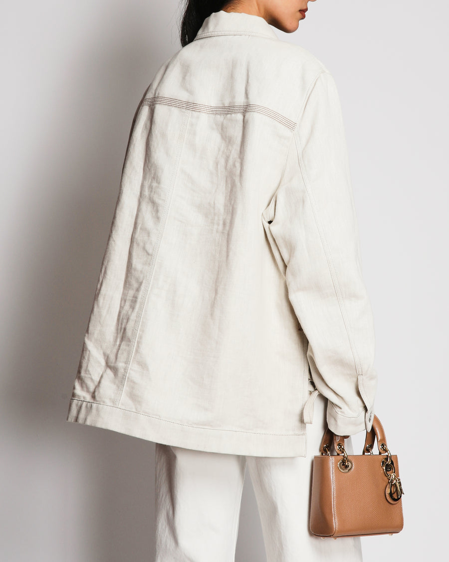 Loewe Cream Linen Jacket With Leather Anagram Patch Pocket Size FR 46 (UK 18)