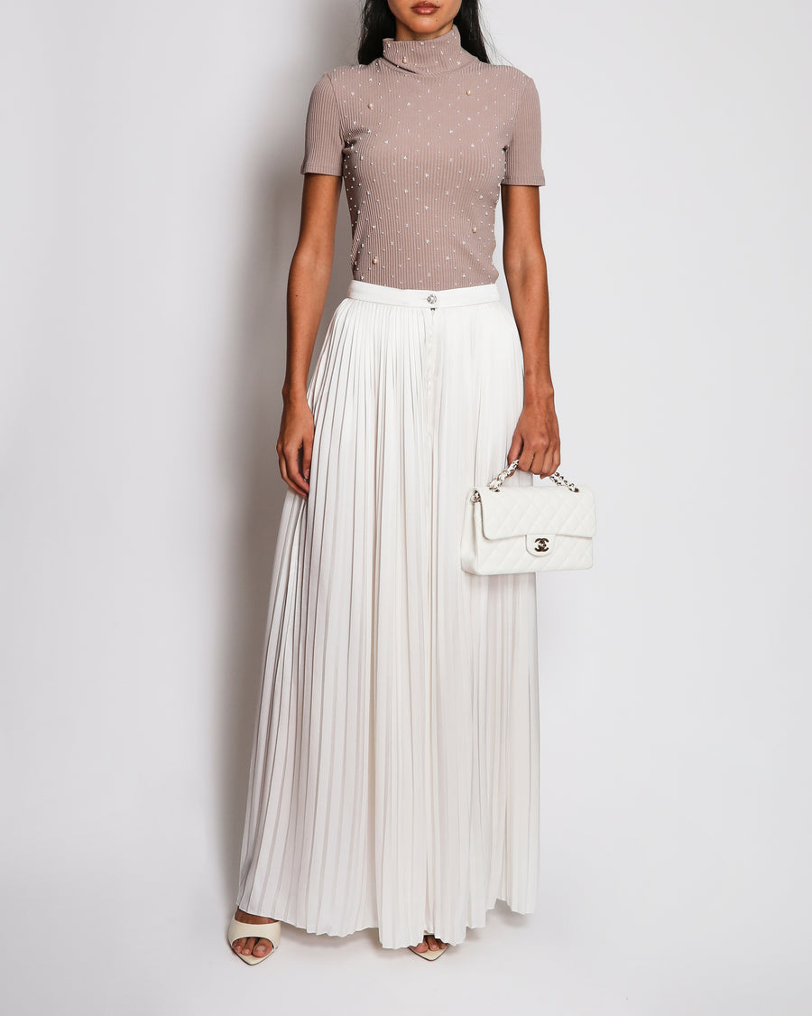 Chanel Cream Silk Pleated Maxi Trousers With Crytsal Button Details FR 36 (UK 8)
