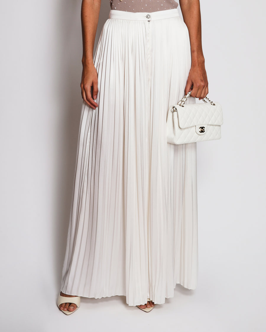 Chanel Cream Silk Pleated Maxi Trousers With Crytsal Button Details FR 36 (UK 8)