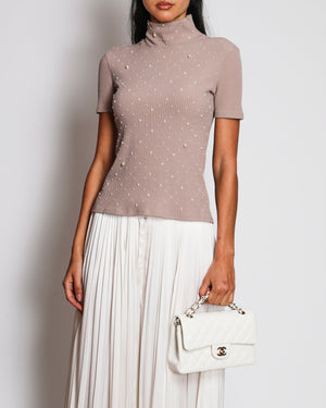 Chanel 16A Soft Pink Ribbed Knit Short Sleeve Turtleneck Top with Pearl Embroidery Details Size FR 36 (UK 8)