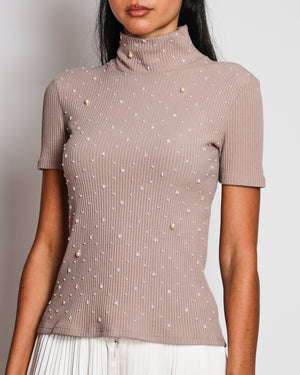 Chanel 16A Soft Pink Ribbed Knit Short Sleeve Turtleneck Top with Pearl Embroidery Details Size FR 36 (UK 8)