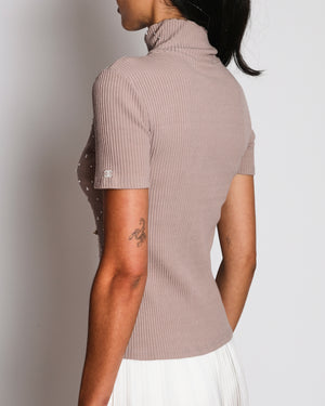 Chanel 16A Soft Pink Ribbed Knit Short Sleeve Turtleneck Top with Pearl Embroidery Details Size FR 36 (UK 8)