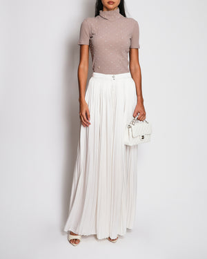 Chanel 16A Soft Pink Ribbed Knit Short Sleeve Turtleneck Top with Pearl Embroidery Details Size FR 36 (UK 8)