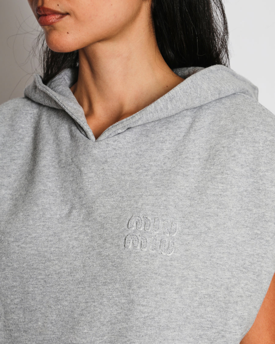 Miu Miu Grey Short Sleeve Logo Cropped Jumper with Shawl Collar Detail Size S (UK 8)