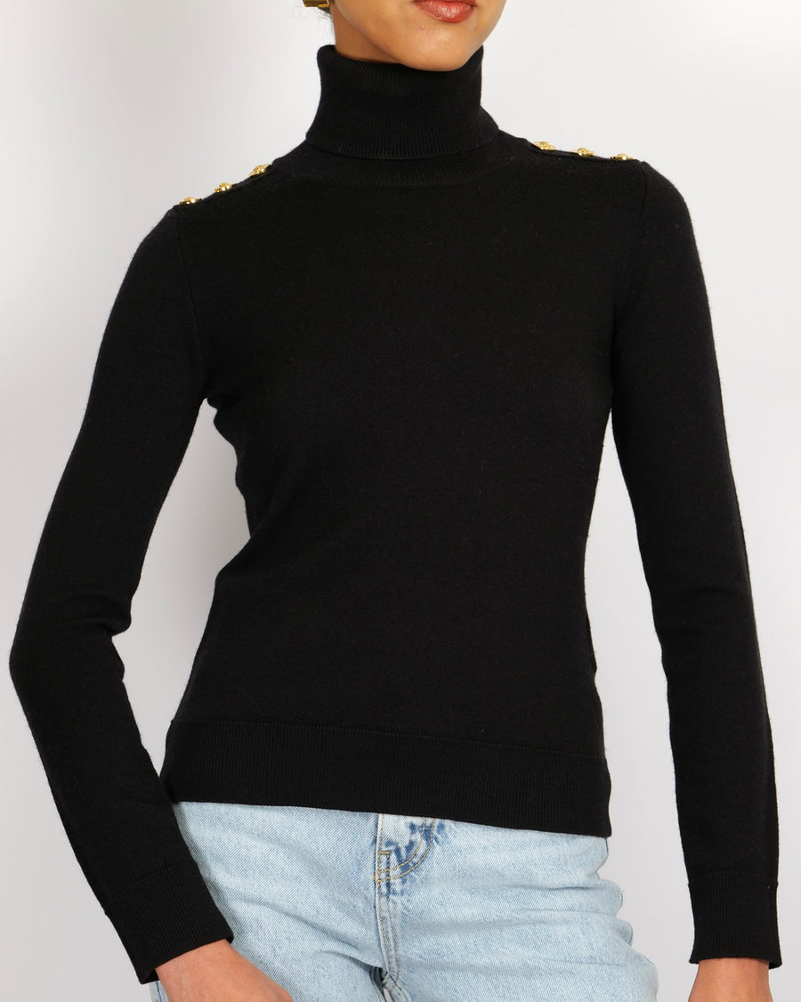 Versace Black Wool High Neck Jumper with Gold Medusa Buttons Detail Size IT 36 (UK 6)