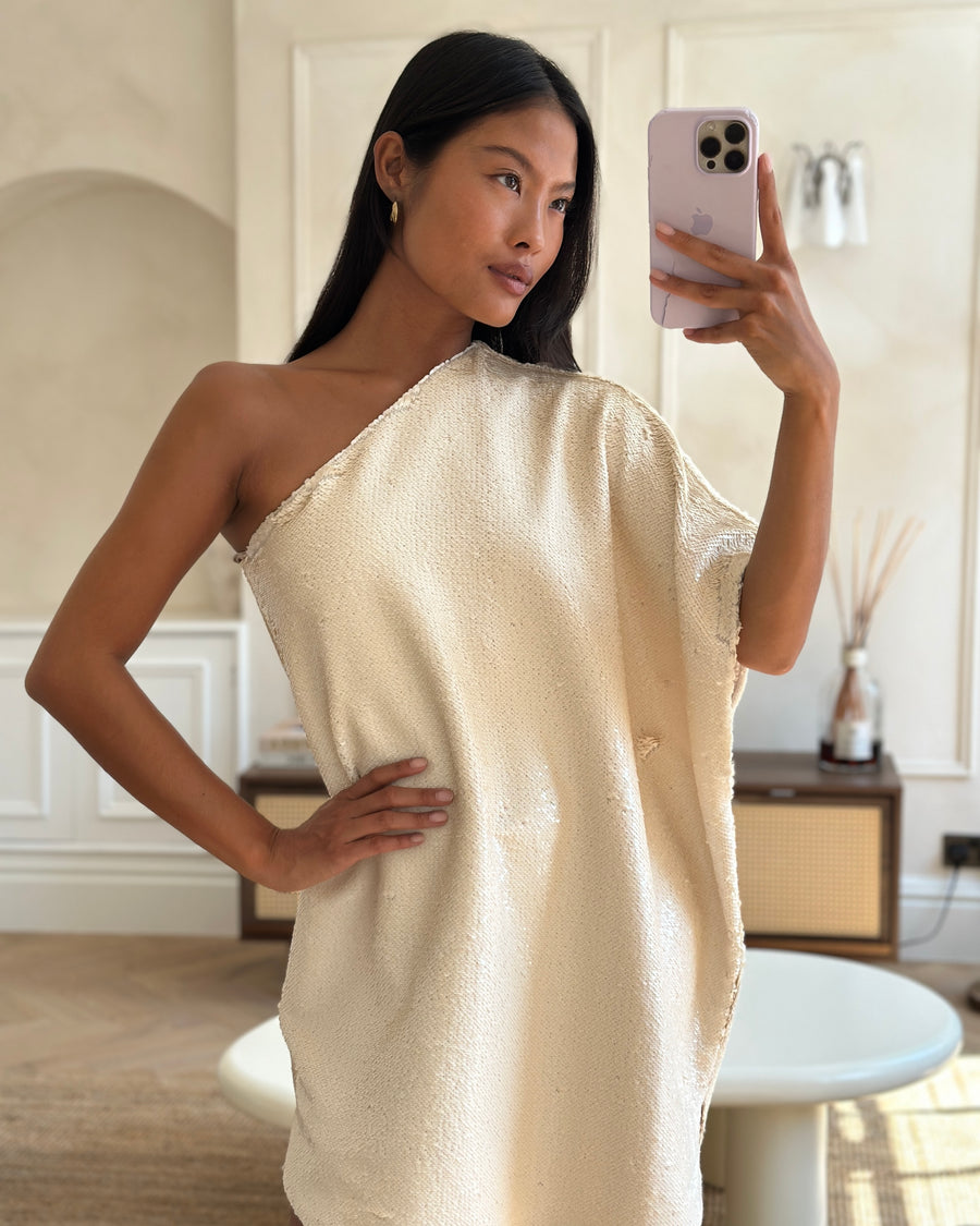 The Frankie Shop Gloria Cream Sequin One Shoulder Mini Dress Size XS (UK 6)
