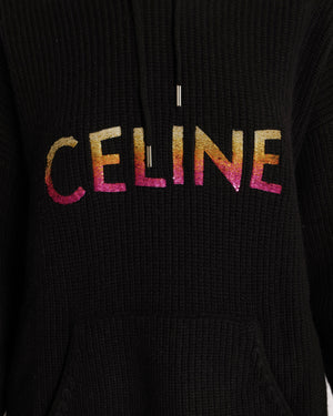 Celine Black Wool Knit Hooded Jumper with Multi-Colour Ombre Sequin Logo Size XS (UK 6)