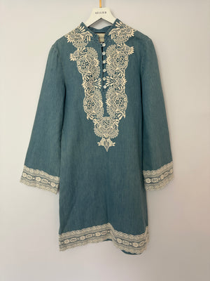 Gucci Stonewash Chambray Long Sleeve Tunic Dress with Lace-Trimmed Detail IT 38 (UK 6)