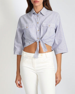 Celine Blue and White Linen and Cotton Blend Striped Cropped Shirt with Gold Buttons and Front Tie Detail Size XS (UK 6)