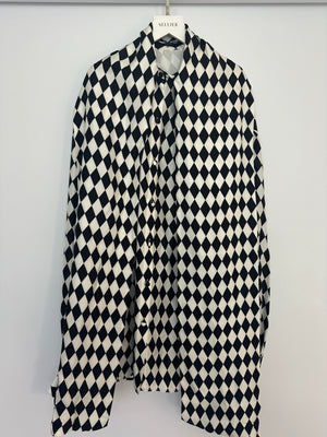 Balmain Black and White Lavalliere Diamond Print Silk Shirt with Puff Sleeves and Pussy Bow Detail Size FR 34 (UK 6) RRP £1490
