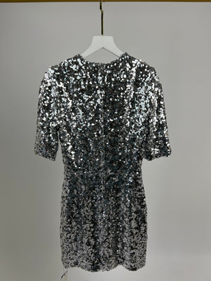 Dolce & Gabbana Silver Sequin Round Neck Short Sleeve Midi Dress IT 44 (UK 12)