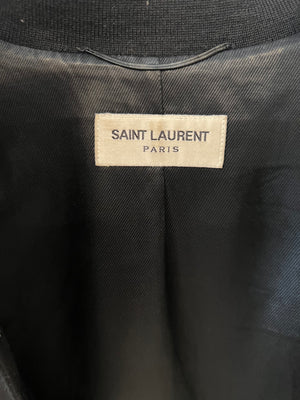 Saint Laurent Black Satin Bomber Jacket with Multicolour Glitter and Leather Shark Detail and "Sweet Dreams" Embroidery Size FR 36 (UK 8)