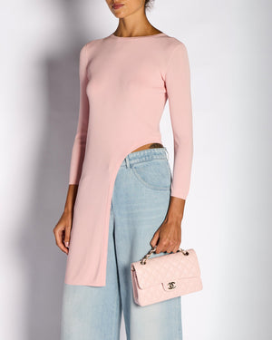 Chanel Resort 2016 Paris/Seoul Pink Long-Sleeved Asymmetric Top with Gold CC Logo Button Detail Size FR 36 (UK 8)