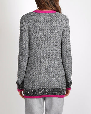 Chanel Fall 2021 Silver Metallic Knit Cardigan with Pink Trim and CC Crystal Buttons Size FR 34 (UK 6)