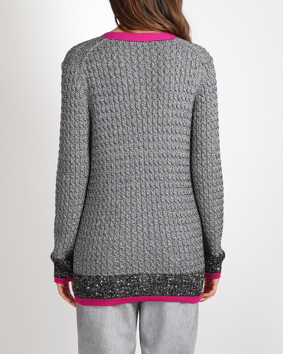 Chanel Fall 2021 Silver Metallic Knit Cardigan with Pink Trim and CC Crystal Buttons Size FR 34 (UK 6)