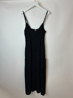 Chanel Black Metallic Tweed Straight Midi Dress with Pocket Detail and CC Crystal Clip Size FR 34 (UK 6)
