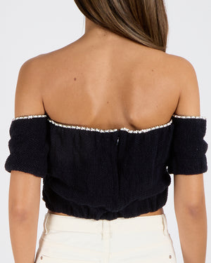 Chanel Cruise 2021 Navy Knit Short-Sleeved Crop Top with Silver and White Leather Chain Trims and Silver CC Logo Button Detail Size FR 38 (UK 10)