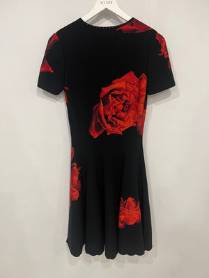 Alexander McQueen Black Short-Sleeve Dress with Red Floral Prints Size IT 40 (UK 8)