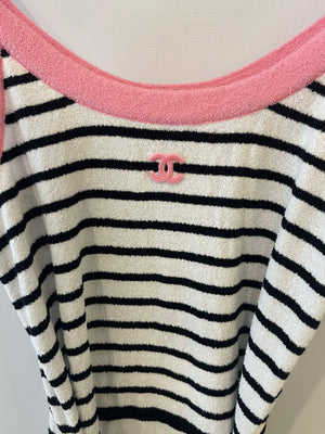 Chanel 24S Black & White Striped Towel Sailor Dress with Pink Trim, CC Logo & Tie Detail Size FR 36 (UK 8)