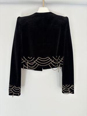 Saint Laurent Black Velvet Cropped Blazer Jacket With Silver Chain Detail Size FR 38 (UK 10)