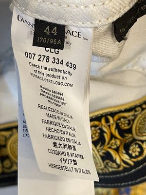 Versace Gold, Blue and White Cropped Denim Jacket with Printed and Button Details Size IT 44 (UK 12)