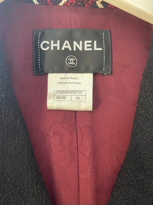 Chanel Fall 2015 Burgundy and Black Tweed Jacket with Black CC Logo Buttons Size FR 40 (UK 12)