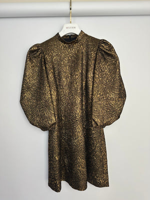 Andrew GN Belted Gold Metallic Puff Sleeve Mini Dress Size FR 38 (UK 10)