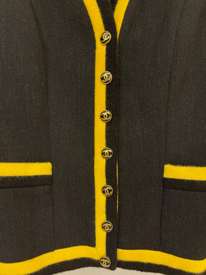 *HOT* Chanel 1994 Vintage Black and Yellow Wool Jacket & Midi Skirt Set with CC Logo Button Details Size FR 40 (UK 12)