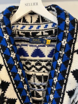 Polo Ralph Lauren White, Blue, and Black Wool-Blend Belted Cardigan with Fringe Trim Detail Size M (UK 10) RRP £795