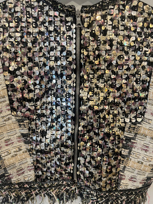 Ralph & Russo Black and Multi-Colour Tweed Sequin Top and Mini Skirt Set with Textured Gold Buttons Size FR 38/40 (UK 10/12)