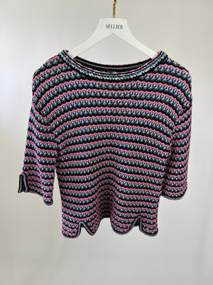 Chanel Navy, White and Pink Crochet Tweed Short Sleeve Top Size FR 38 (UK 10)