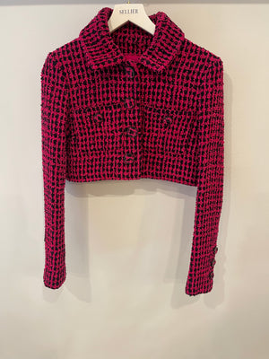Chanel Fall 2016 Pink and Black Tweed Cropped Jacket with CC Logo Tweed Buttons Size FR 38 (UK 10)