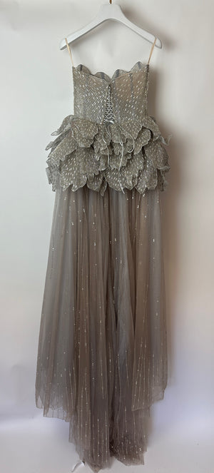 Sophie Couture Light Grey Hand Beaded Strapless Bodice Gown with Silver Leaf Embellishments  IT 40 (UK 8)