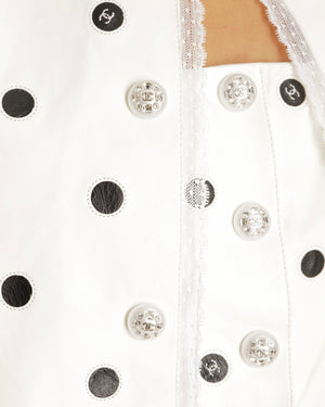 Chanel 23S White and Black Lambskin Leather Polka Dot Cropped Jacket with Lace Trims and Crystal Embellished Pearl CC Logo Buttons Size FR 36 (UK 8)