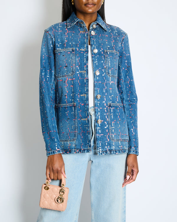 Chanel Métiers d'Art 2023 Denim Jacket with Pink and Silver Micro Sequin Details and Silver CC Logo Buttons Size FR 36 (UK 8)