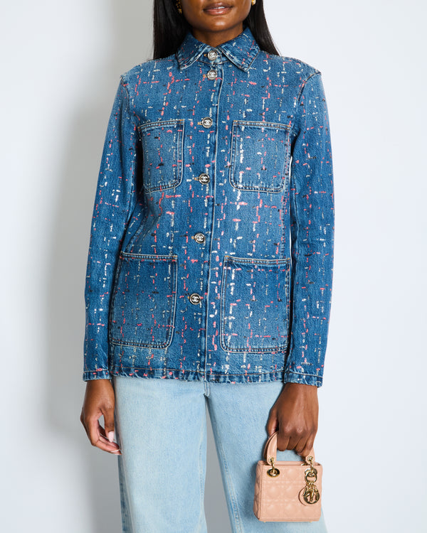 Chanel Métiers d'Art 2023 Denim Jacket with Pink and Silver Micro Sequin Details and Silver CC Logo Buttons Size FR 36 (UK 8)