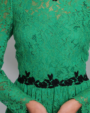Dolce & Gabbana Apple Green Lace Midi Dress with Black Floral Collar and Waist Detail Size IT 42 (UK 10)
