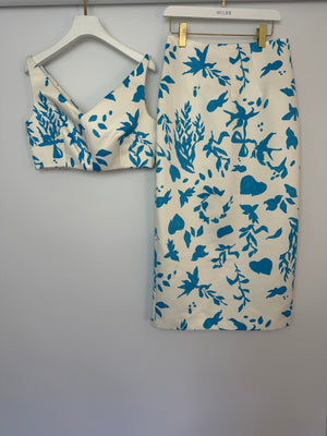 Emilia Wickstead White and Blue Floral Printed Crop Top and Midi Skirt Set Size UK 12