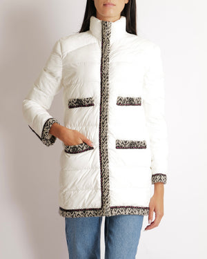 Chanel White Puffer Coat with Black and White Tweed Trims with Metallic Pink Details and Silver and Black CC Logo Buttons Size FR 38 (UK 10)