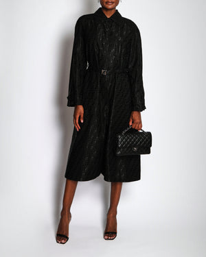 Fendi Black Logo Print Trench Coat with Belt and Silver Logo Buckle Size IT 42 (UK 10) RRP £3,900
